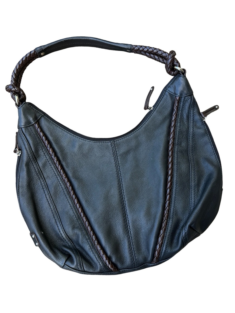 Tignanello Black Braided-Detail Leather Hobo Shoulder Bag